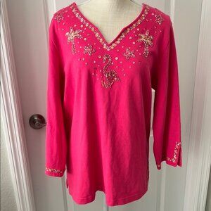 Quacker Factory Pink Tropical flamingos palm trees Tunic Top